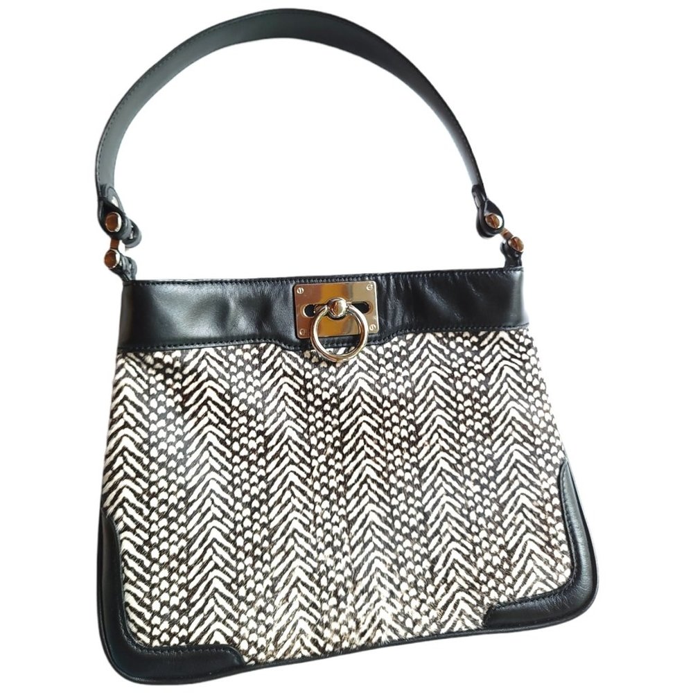 ANN TAYLOR Faux Fur and Black Leather Shoulder Bag